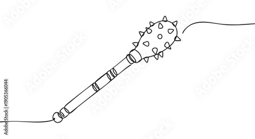 Simple continuous line drawing of a spiked mace, depicted with a minimalist black outline style, showcasing its medieval weapon design