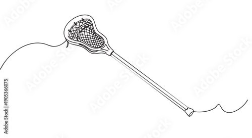 Single continuous line art drawing of a lacrosse stick, rendered with a minimalist aesthetic and dynamic flowing lines, capturing the essence of the sports equipment
