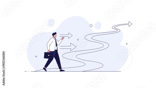 Businessman walking on winding path towards future, arrows pointing forward