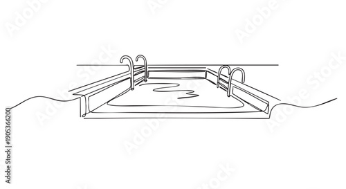 Minimalist continuous line art drawing of a swimming pool with two ladders and wavy water, rendered in a simple, elegant illustration style