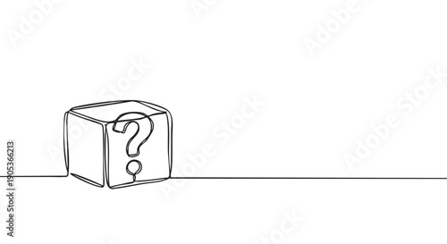 Continuous line drawing of a cube with a prominent question mark on its front face, rendered in a minimalist black and white style, conveying mystery and inquiry