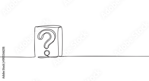 Continuous line drawing of a rectangular box containing a large question mark, rendered in a minimalist artistic style with a single flowing black stroke