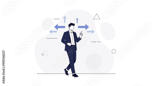 Businessman making decision at crossroads with multiple arrows pointing different directions