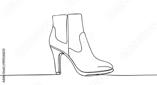 Minimalist continuous line drawing of a stylish high-heeled ankle boot, rendered with elegant simplicity and a modern artistic flair, showcasing footwear fashion