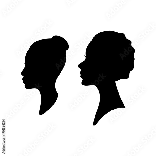 two black silhouettes of female heads facing left on white background