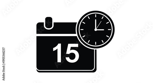 Black calendar icon with clock and date 15 on white background symbolizing schedule and time management
