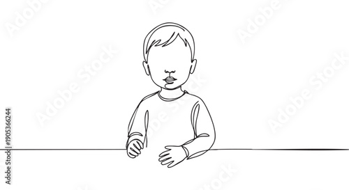 Minimalist continuous line drawing of a young child with hands resting on a horizontal line, depicted in a simple, abstract art style