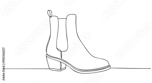 Stylish black continuous line drawing of a women's ankle boot with a block heel and pull tab, rendered in a minimalist artistic style