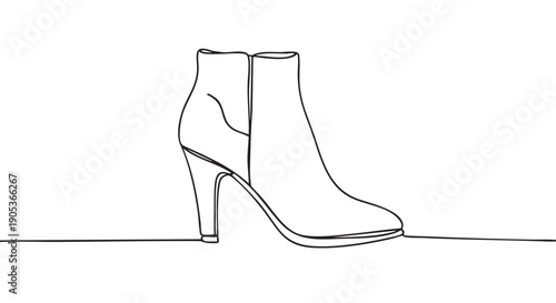 Stylish black continuous line drawing of a high-heeled ankle boot with a pointed toe and slender stiletto heel, presented in a minimalist, elegant artistic style