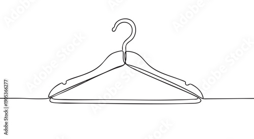 Minimalist continuous line art clothes hanger is elegantly drawn with a single flowing black stroke, showcasing a simple yet sophisticated design
