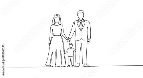 Loving family of three members, a mother, father, and child, are holding hands in a minimalist continuous line art drawing, symbolizing unity and togetherness