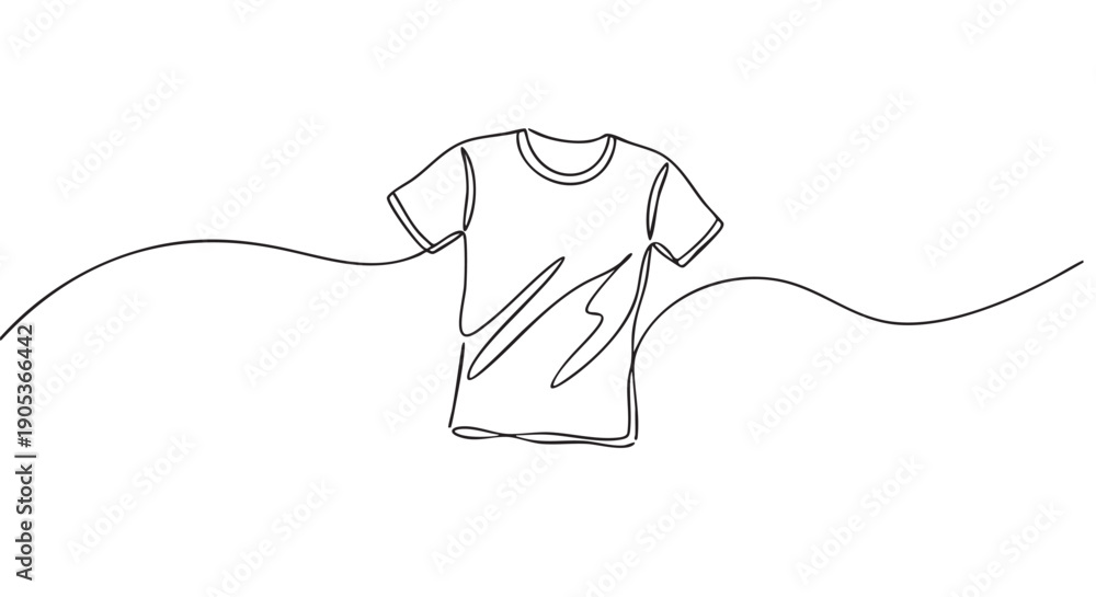 Obraz premium Minimalist continuous line art drawing of a t-shirt with short sleeves and a round neck, presented in a simple, modern illustration style