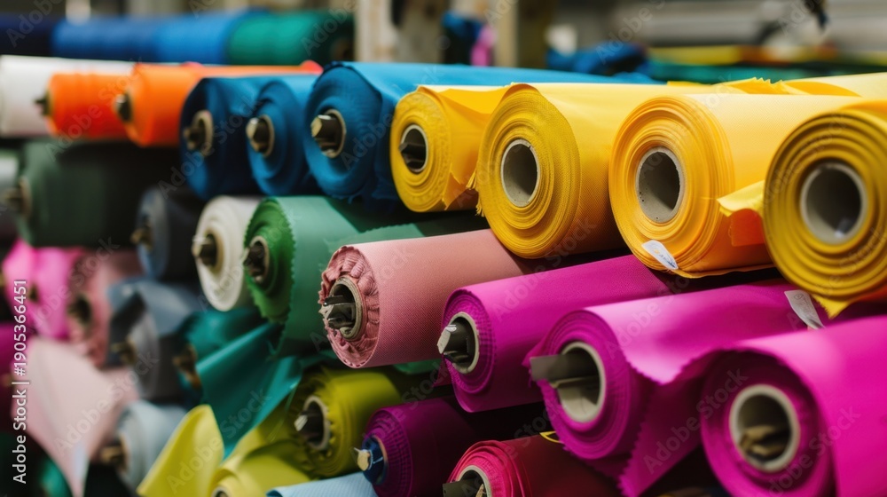 Naklejka premium Colorful rolls of fabric stacked neatly in a textile store. Various shades including blue, green, yellow, pink, and purple are visible. Ideal for fashion and design projects.