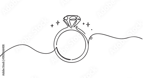 Minimalist continuous line drawing diamond ring with sparkling accents, elegantly rendered in a simple, flowing artistic style, symbolizing love and commitment
