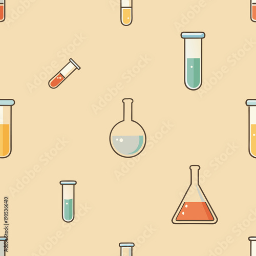 A colorful seamless pattern featuring various laboratory glassware and test tubes filled with liquids