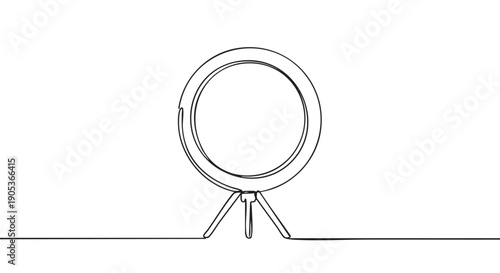Continuous line drawing of a ring light on a small tripod, rendered in a minimalist artistic style with a clean, modern aesthetic