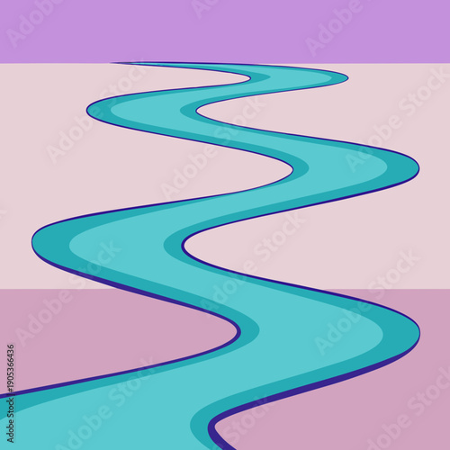 A flowing abstract blue river winding horizontally through a serene purple and pink landscape