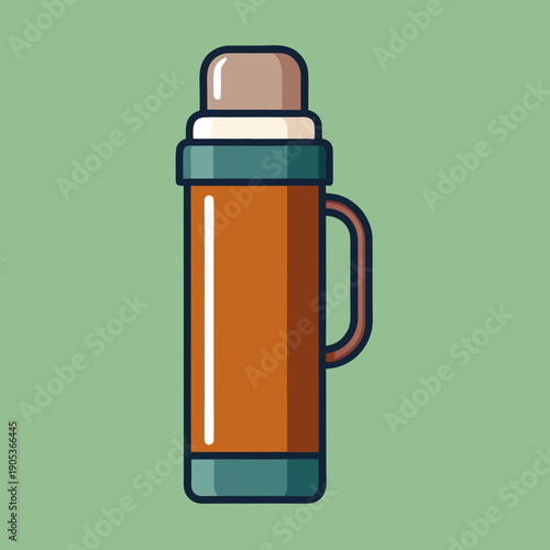 A muted green insulated travel thermos flask with handle in vector format