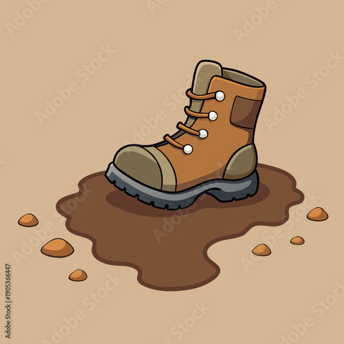 A rugged brown hiking boot standing in a muddy puddle with small pebbles on an earthy surface