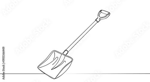 Simple black outline drawing of a shovel with a D-handle and a wide scoop blade, depicted in a minimalist continuous line art style