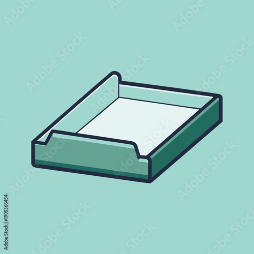 A simple teal vector icon of a floating document tray on a light teal background representing organization and office work