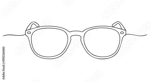 Continuous line drawing of classic eyeglasses with rounded frames, presented in a minimalist and simple artistic style, emphasizing clean contours and a modern aesthetic