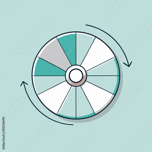 Abstract circular wheel with segmented color sections rotating slowly around its central axis indicating motion and progress