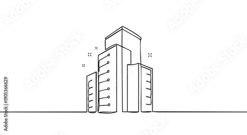 Three abstract continuous line drawing buildings with small decorative 'x' shapes, rendered in a modern minimalist style with clean black lines