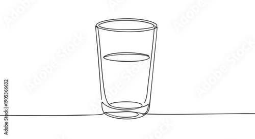 Simple continuous line art drawing of a tall glass filled with water, rendered in a minimalist black and white graphic style, conveying purity and hydration