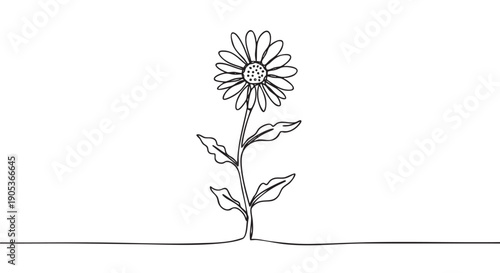 Single continuous line drawing of a flower with delicate petals, a textured center, a slender stem, and elegant leaves, rendered in a minimalist artistic style
