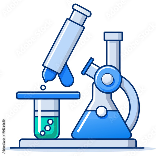 Scientific microscope examining bubbling blue chemical in a test tube for research and discovery.