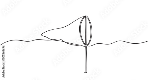 Minimalist continuous line drawing of a net with a long handle, appearing to skim across a wavy surface, rendered in a simple, elegant artistic style