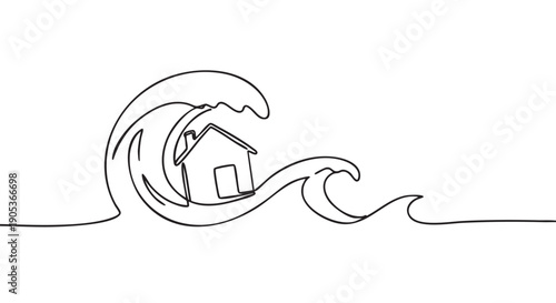 Single continuous line art drawing of a house being overwhelmed by a large crashing wave, symbolizing natural disaster, risk, and property damage