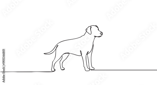 Minimalist continuous line art drawing of a standing dog in profile, rendered with a single elegant black stroke, creating a simple and artistic illustration