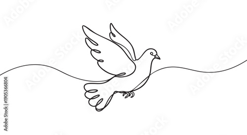 Elegant continuous line drawing of a flying dove, gracefully depicted with flowing black lines and spread wings, symbolizing peace and freedom in a minimalist artistic style