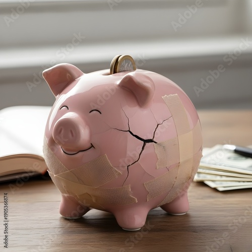 Piggy Bank Patched with Medical Tape
Description: Cracked savings repaired imperfectly.