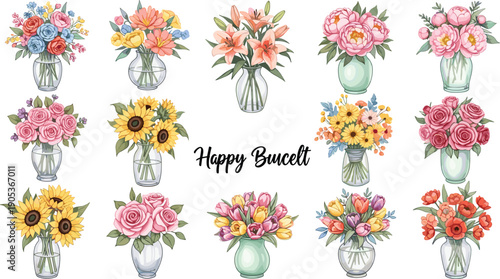 Happy bouquet flower collection in glass vases with roses sunflowers lilies peonies and mixed floral arrangements isolated on white background watercolor vector illustration set
