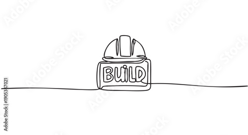 Continuous line drawing of a construction hard hat with the word "BUILD" inside a rectangular shape, rendered in a minimalist, conceptual art style