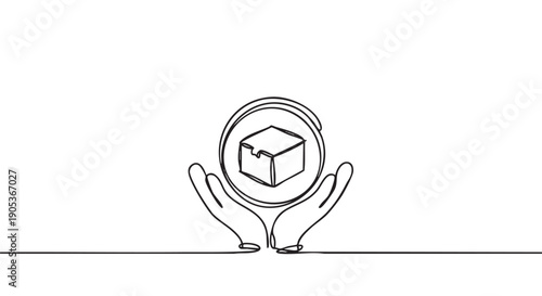 Continuous line drawing of hands cupping a box icon within a circle, symbolizing secure delivery, package protection, and reliable service in a minimalist art style