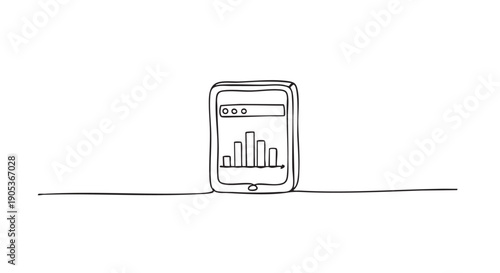Continuous line drawing of a smartphone displaying a bar chart, rendered in a minimalist and artistic hand-drawn style, symbolizing data analysis and digital communication