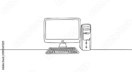 Minimalist continuous line art desktop computer setup featuring a monitor, keyboard, and CPU tower, rendered with a clean, modern aesthetic