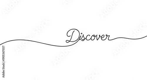Single continuous black line forms the elegant word 'Discover' in a flowing, handwritten script, extending horizontally across the frame with a clean, minimalist aesthetic