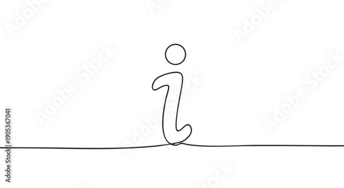 Continuous line drawing of an information symbol, rendered in a minimalist black and white graphic style, conveying simplicity and clarity