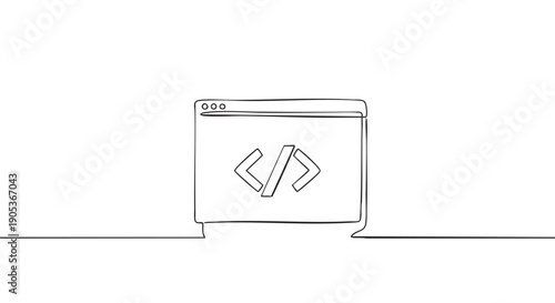 Minimalist continuous line drawing of a browser window displaying a code tag symbol, representing web development and programming concepts in a clean, modern style