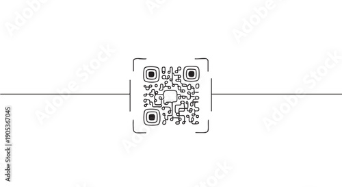 Stylized hand-drawn black QR code with a horizontal line passing through its center, featuring artistic wavy patterns and decorative corner brackets