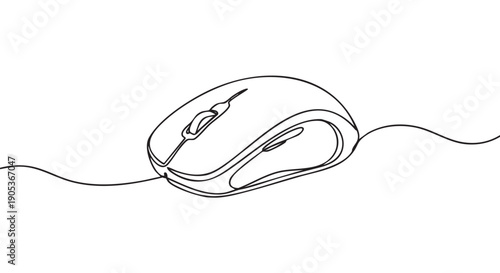 Sleek black continuous line drawing of a modern computer mouse, featuring a prominent scroll wheel and ergonomic design, presented with a minimalist aesthetic
