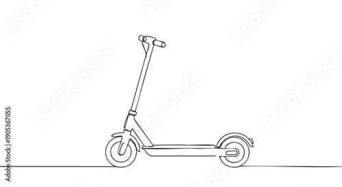 Sleek modern electric scooter is depicted in a minimalist continuous line art drawing, showcasing its contemporary design from a clear side profile perspective