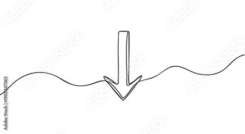 Continuous line drawing arrow pointing downwards, emerging from a flowing wavy horizontal line, rendered in a simple, minimalist, and elegant hand-drawn style
