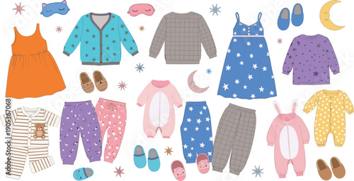 Kids pajamas and sleepwear clothing collection with nightgowns slippers masks and cozy outfits isolated on white background nursery cartoon vector illustration set
