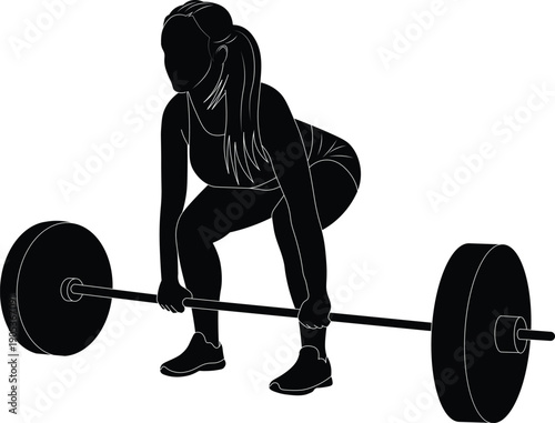 silhouette of a woman lifting weights. silhouette of a woman doing a deadlift exercise with weights.